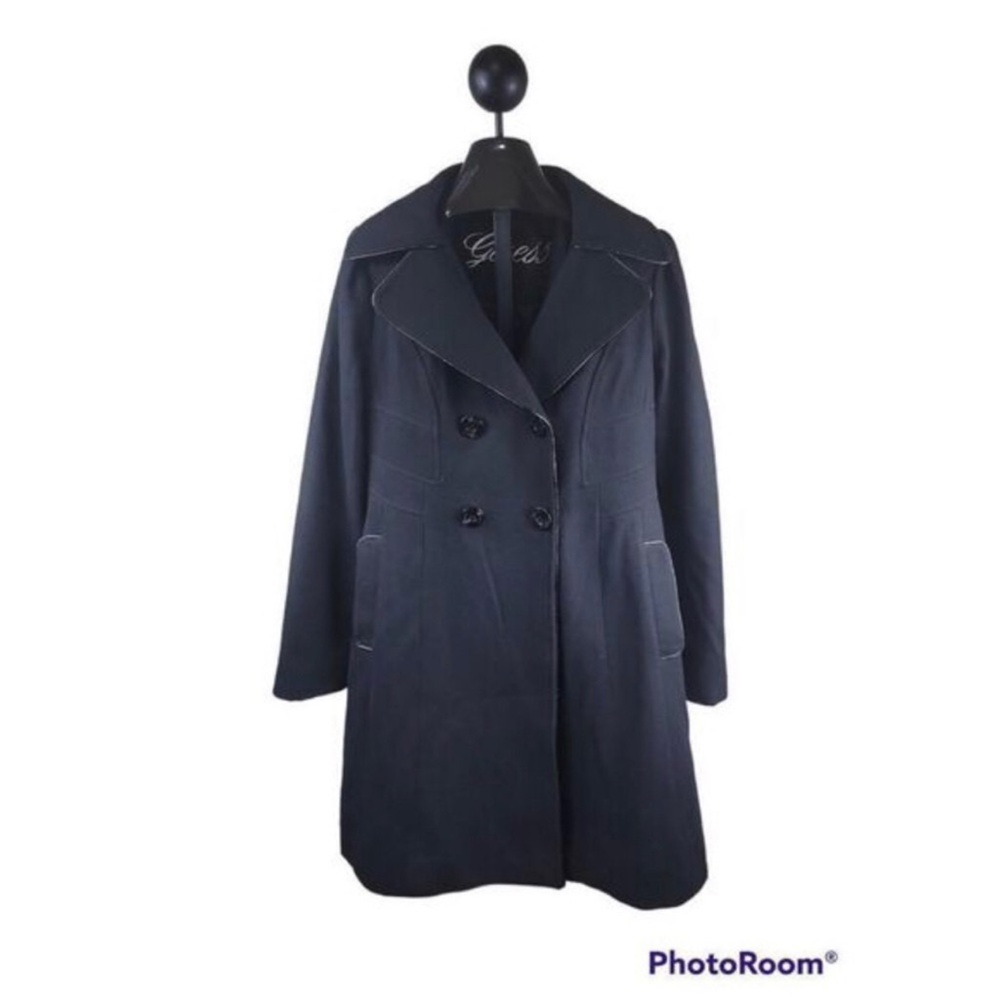 Vintage Guess Women's Wool Blend Double-Breasted Black Peacoat Size Medium